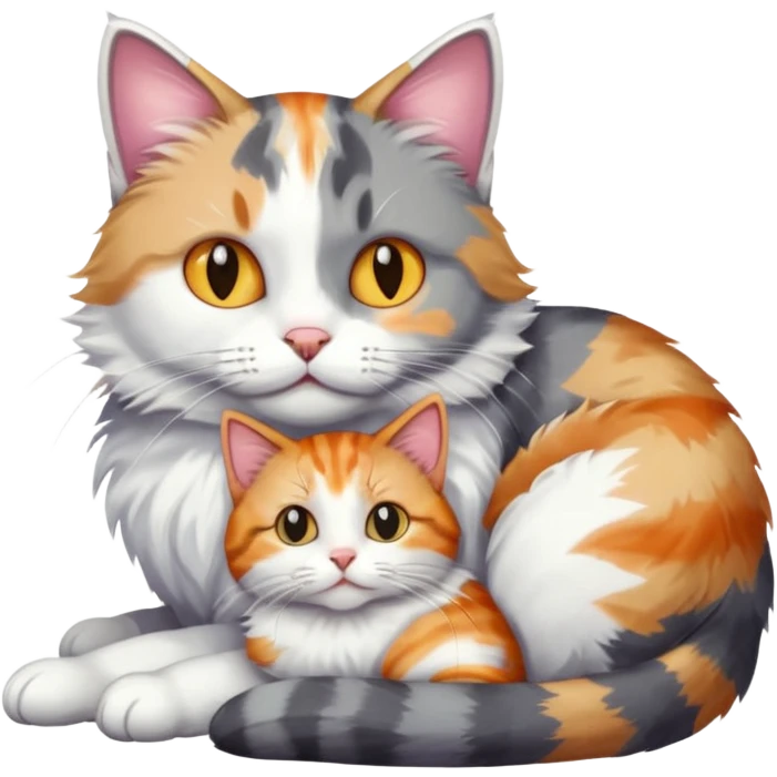 grey and white cat cuddling a colourful light patched calico + white tabby cat emoji