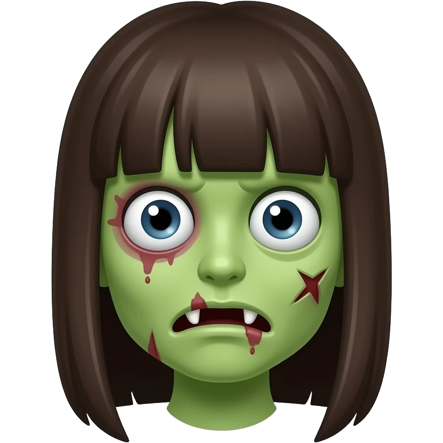 cor do cabelo castanho escuro liso com franja, pele verde de zumbi e machucados de zumbi e boca aperta mostrando os dentes igual zumbi emoji