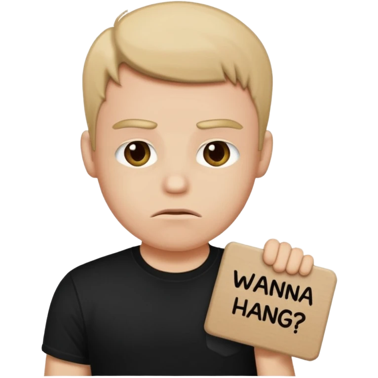 A man holding a sign that says “wanna hang? Wanna chill?” While looking pouty emoji