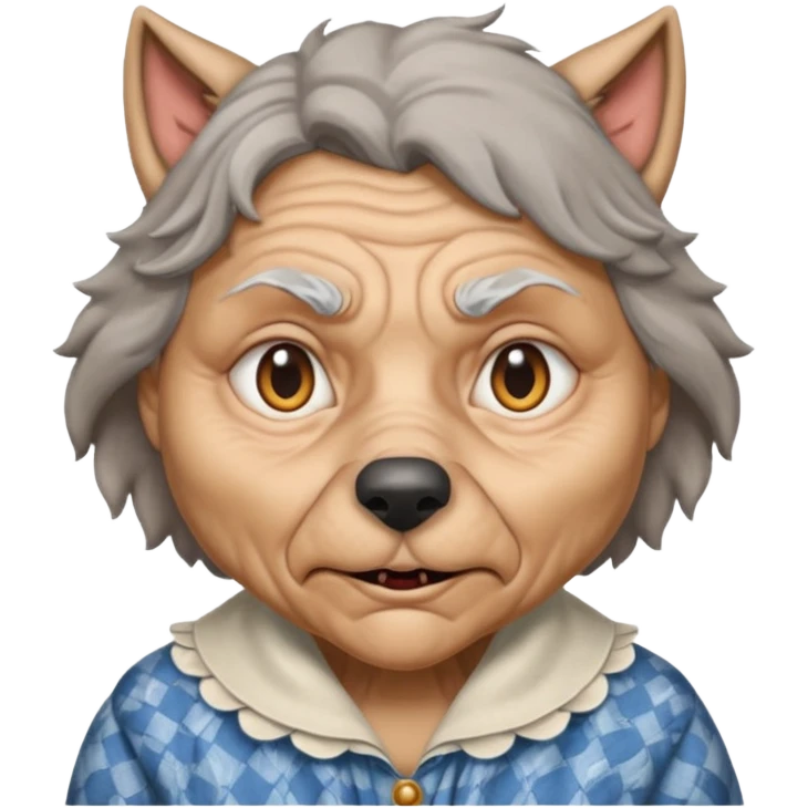 The big bad wolf is wearing Grandma's clothes, yet its face still looks like a wolf's. emoji