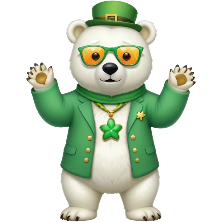 full body friendly anthropomorphised polar bear wearing oversized colorful star glasses and festive St. Patrick's Day outfit, playful pose emoji