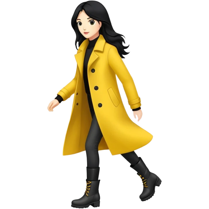 Long black haired woman walking in yellow coat and black boots emoji