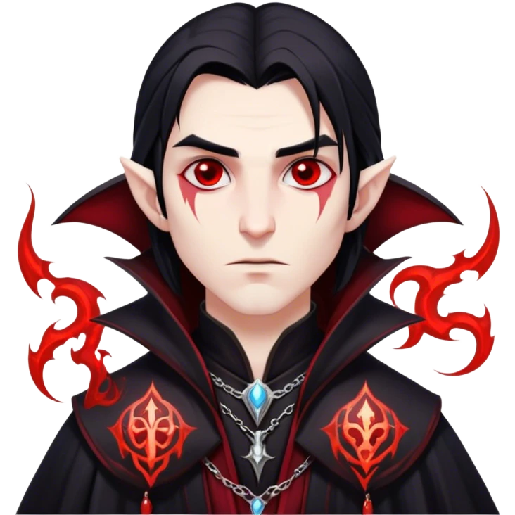 Cinematic Realistic WoW Vampire Mage Portrait, head tilted epicly and inquisitively, showcasing a commanding presence and ancient arcane mastery. His pallid skin and sleek dark hair are set against the intricately detailed black robe—with silver accents and mystical runes—that remains consistent in its shadowed elegance. His piercing crimson eyes blaze with forbidden power, rendered with dramatic, lifelike clarity and high shine, epic and awe-inspiring. emoji