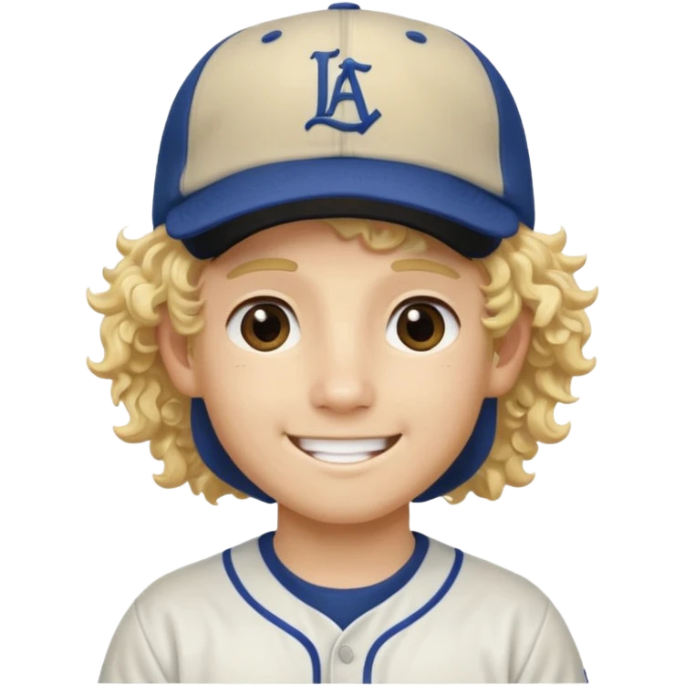 blonde boy with long curly hair past his hears and a LA baseball hat in japanese, smiling emoji