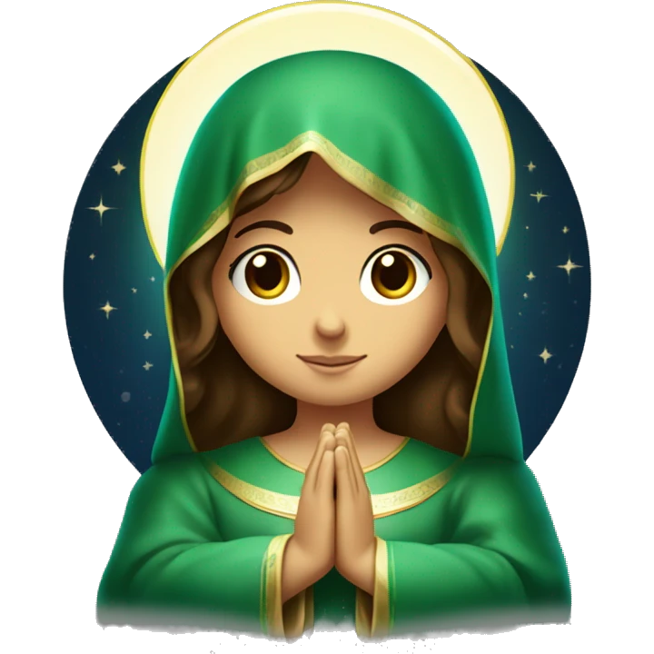 Virgin Mary: kind face looking down at the left, long brown hair, Wearing an emerald green  robe,  Hands in prayer or blessing. Halo around her head. standing on a crescent moon.  emoji