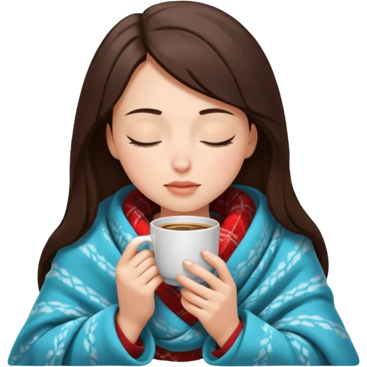 Brunette girl inside a blanket sipping coffee eyes closed emoji