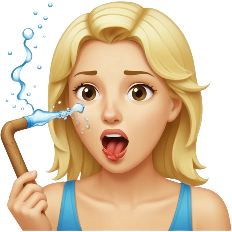 blond woman biting a wide skin-tone stick with a bite mark, water jet shooting from the stick into her mouth, surprised look emoji