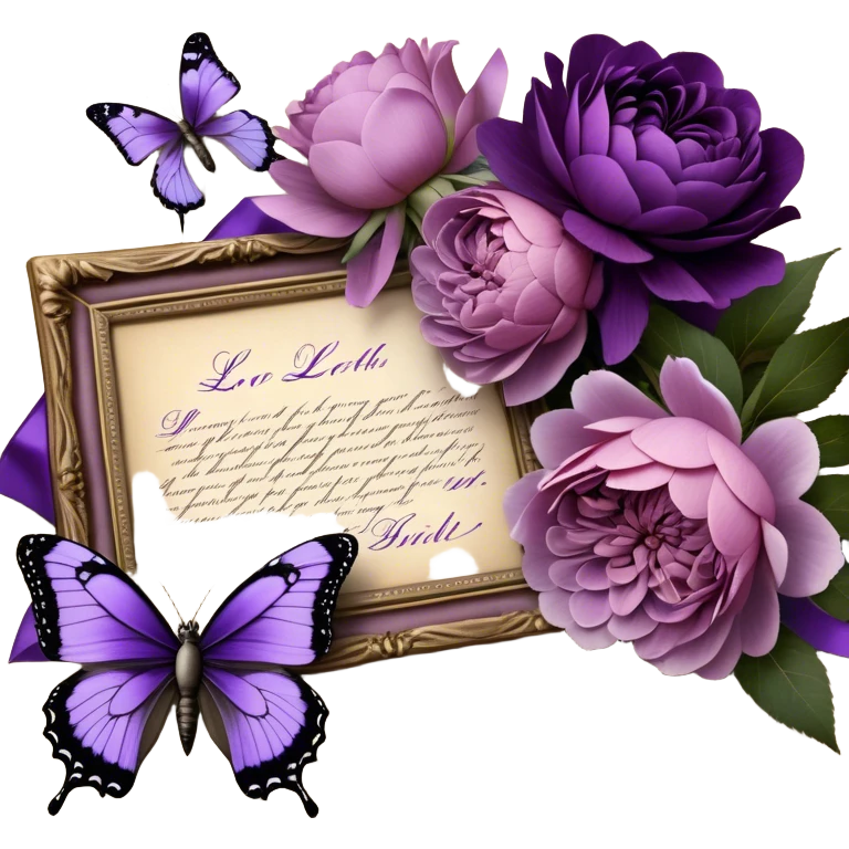 An antique love letter bundle, bound delicately with a purple silk ribbon, rests beside an arrangement of dried blush violet roses, lilac peonies, and soft purple dahlias, while a silver butterfly brooch adorned with pearls seems to pause, captivated by the deep violet inked calligraphy flowing across the aged parchment. emoji