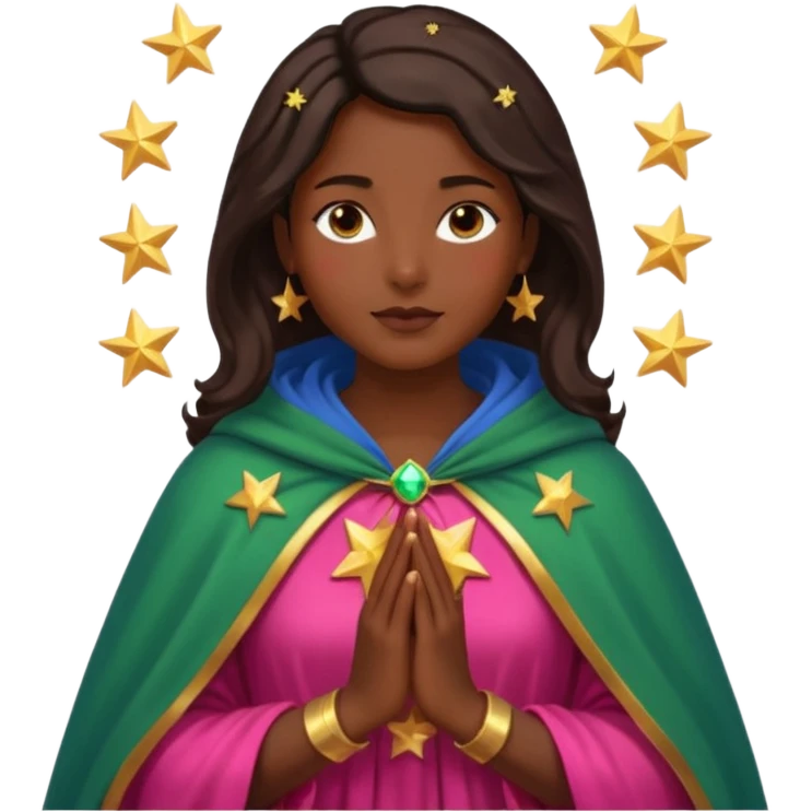 Mujer de piel morena, rostro sereno, manos juntas. Vestido rosa rojizo manto capa azul verdoso con muchas estrellas doradas pequeñas Resplandor como rayos de luz dorado alrededor del cuerpo. emoji