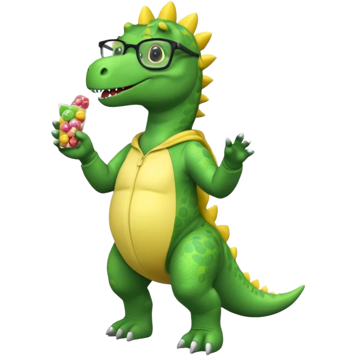 Dinosaur with glasses in a banana onesie filled with candy packets emoji