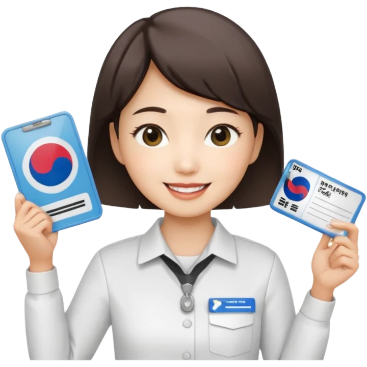A Korean short-haired female tour guide is wearing a white shirt, holding her Korean tour guide license in her left hand, which is a horizontal card. emoji