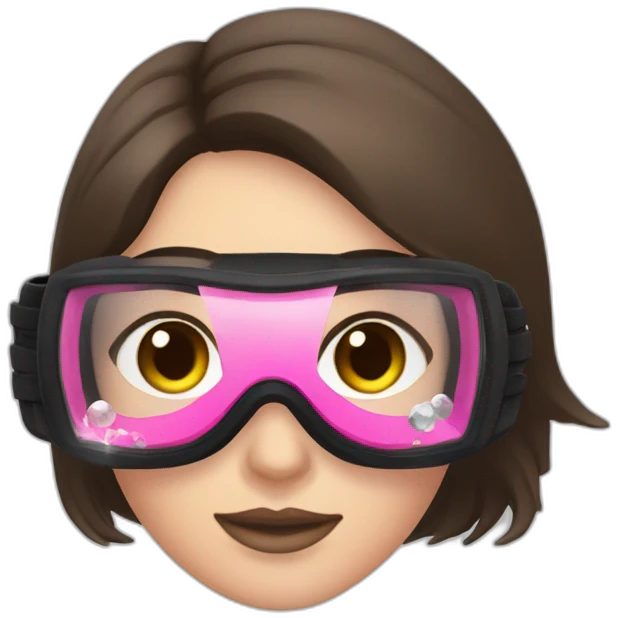 woman with brown eyes, large and straight brown hair, pink diving mask with a single crystal. underwater black suit emoji