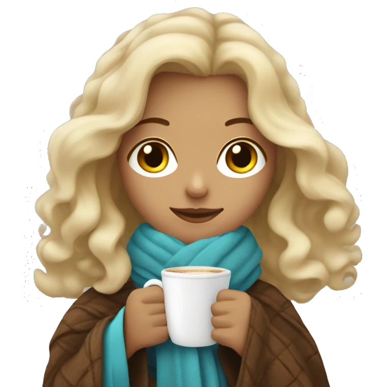 blonde girl with wavy hair, coffee in hands, wrapped in a blanket emoji