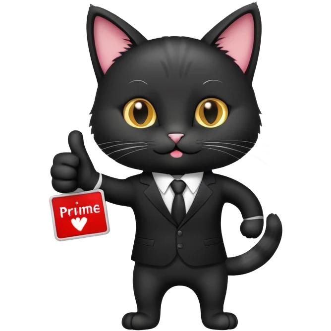 A cat in a black business suit holds a sign with the inscription "PrimeCopy" with one paw and shows a like with the other paw emoji