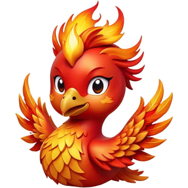 Cinematic Cute fierce & powerful Fire Phoenix Portrait Emoji, Head tilted playfully and inquisitively, showcasing a vibrant, flame-kissed form with intricately detailed feathers in warm shades of red, orange, and shimmering gold, accented by delicate sparks and a gentle, inviting glow; rendered with lifelike detail and soft, radiant light, high shine, enchanting and spirited, styled with a touch of mythic whimsy, soft glowing outline, capturing the essence of a mischievous yet endearing phoenix poised to flutter playfully into your heart! emoji