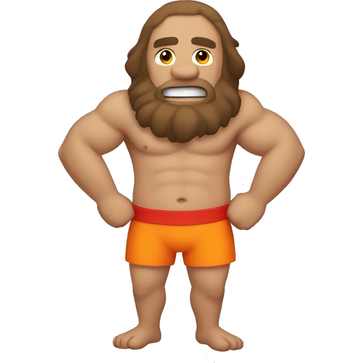 A bald caveman, with red swim trunks, and a orange lifesaver emoji