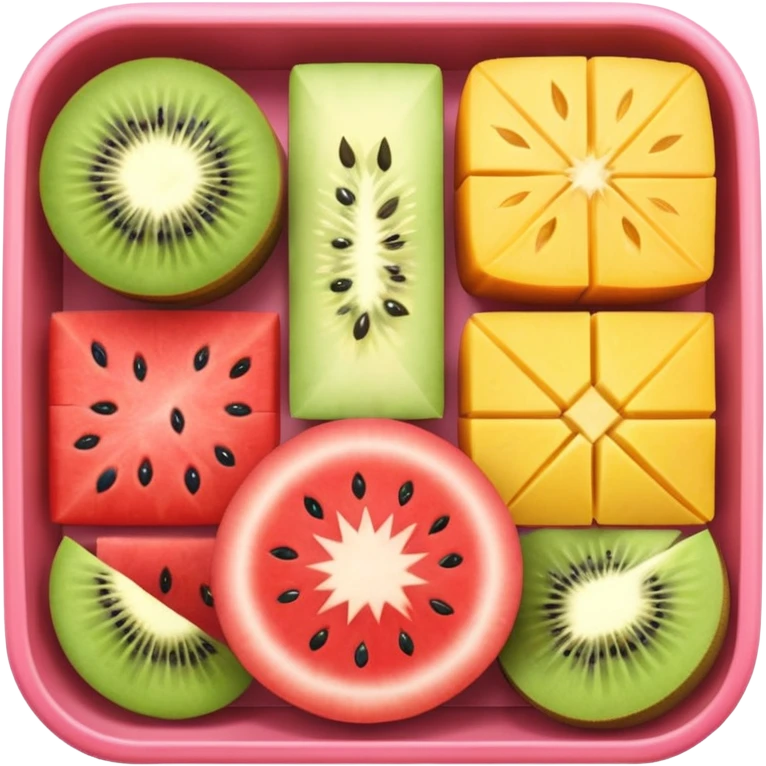 bento-style square box with sections for watermelon, strawberry, mango, kiwi, orange, cantaloupe, and pineapple emoji