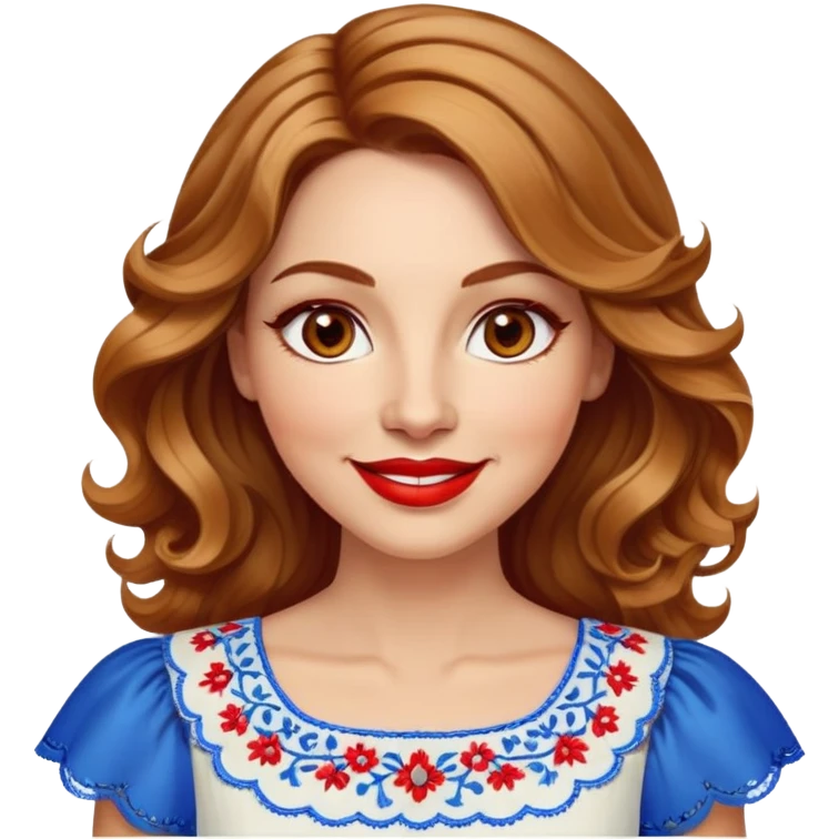 Artistic woman in her 40s with bright complexion, round face, big lively light brown eyes, wide friendly smile, vibrant red lips, voluminous wavy dark blonde hair with highlights to shoulders, white summery dress with blue embroidery and electric blue neckline emoji