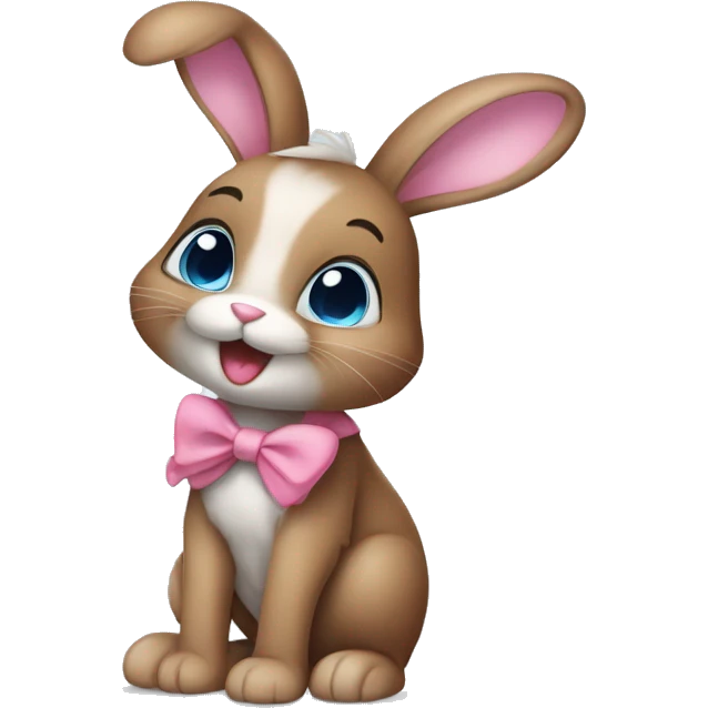 cute brown bunny with pink bow, one ear different from another, one leg white, other gray, blue eyes, more light emoji