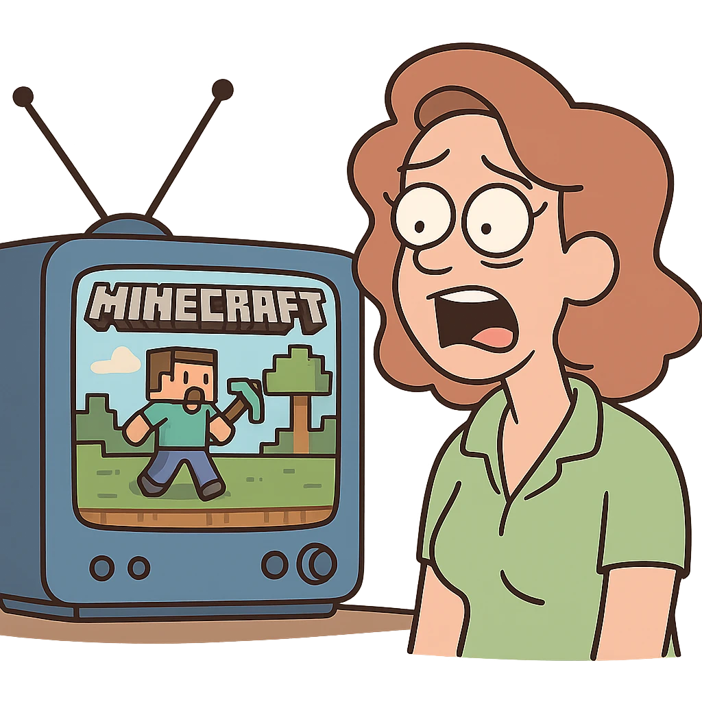 blue TV set with a pixelated Minecraft game on the screen, cartoon style emoji