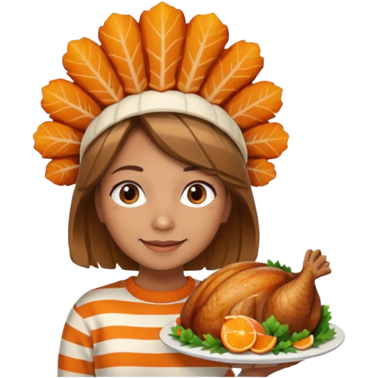 happy tan girl with an orange striped sweater and a cooked browned turkey on her head  emoji