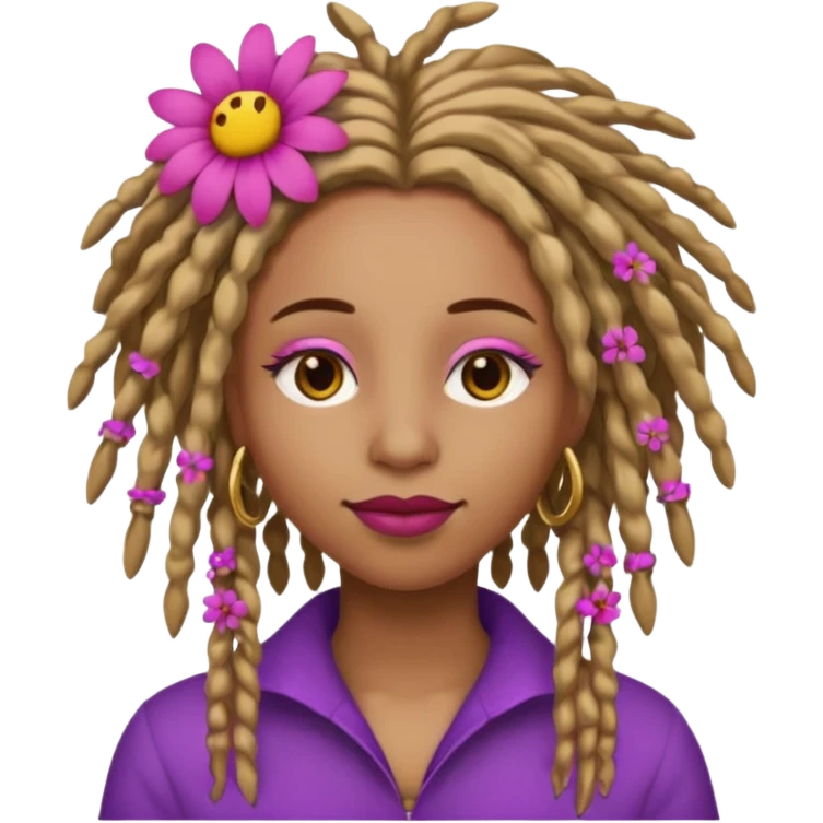 Gold dread locs pink emoji face purple flower in the hair red lipstick light brown face   emoji