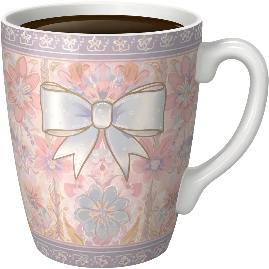 Hyperrealistic 3d rendering coquette aesthetic patterned detailed coffee mug emoji