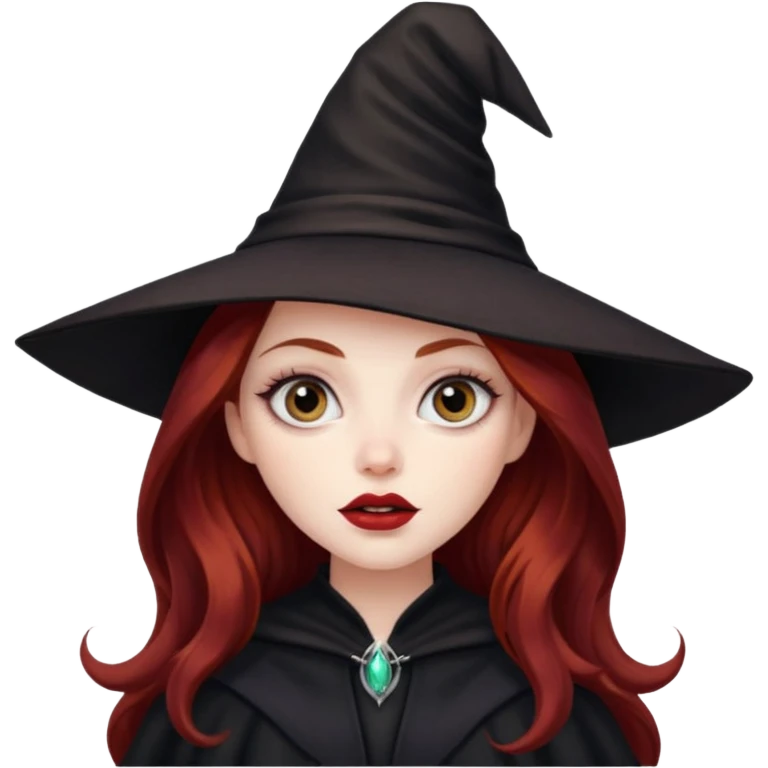 long and wavy dark red haired girl, with thick lips, big eyes and she looks like a witch emoji