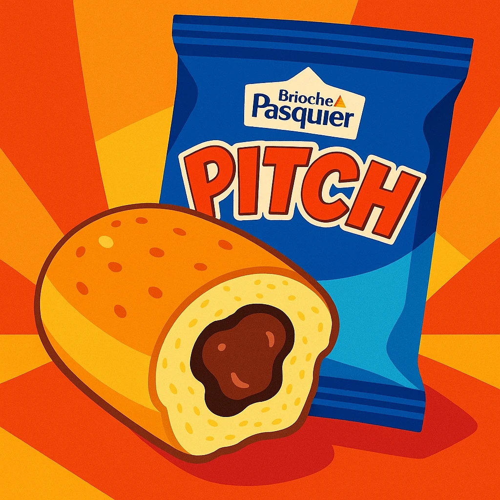 A Brioche Pasquier pitch snack with a visible chocolate center, half-eaten, styled to look irresistible and fresh emoji