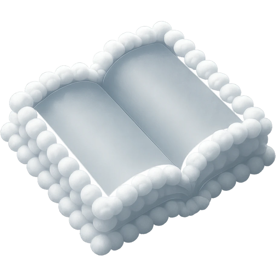 top view of a thick open book made entirely of small, very bright white fluffy convex clouds, matte glass style emoji
