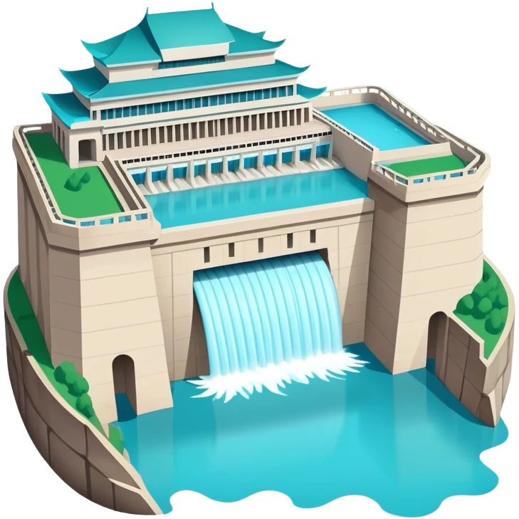 Yangtze River Three Gorges Dam massive structure, simplified emoji style with bold outlines and bright colors, cartoon style dam with water emoji