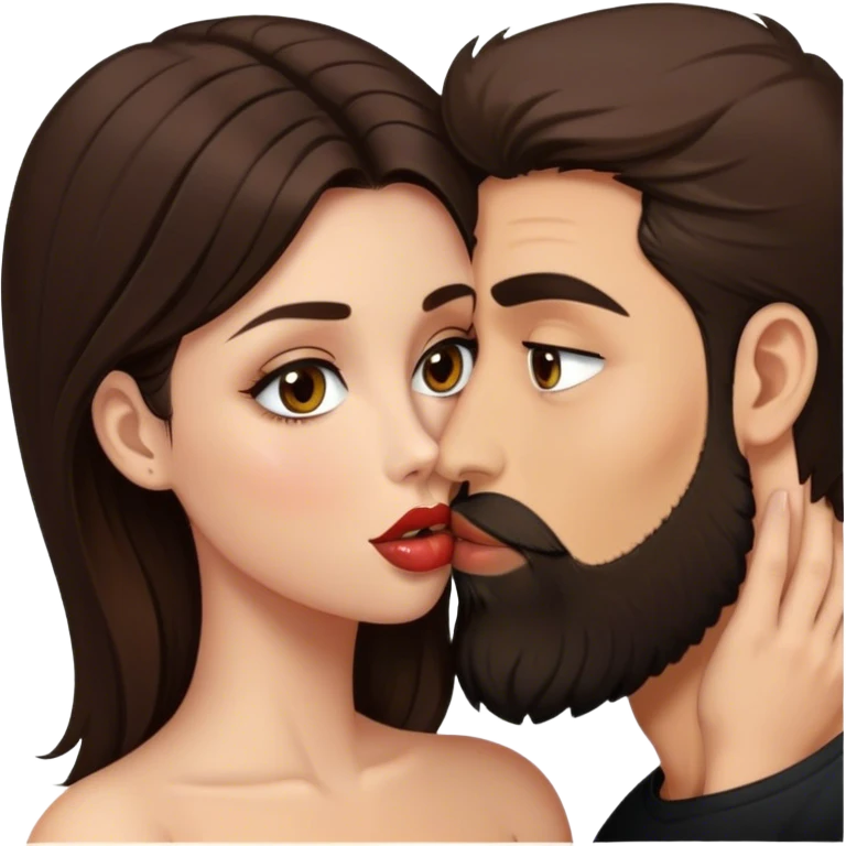a brunette girl with hazel eyes and dark nude lips and brunette man with a beard kissing esch other  emoji