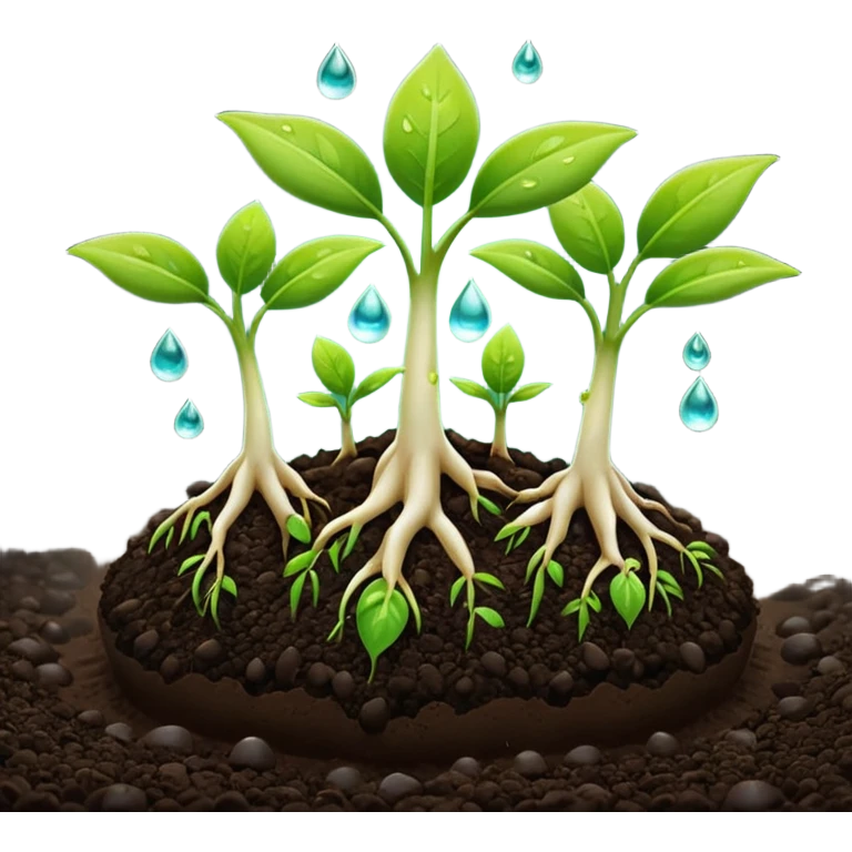 A 3D cartoon view of small green seedlings sprouting from dark soil, soft sunlight, water droplets on leaves, minimal background, realistic Memoji-style look. emoji