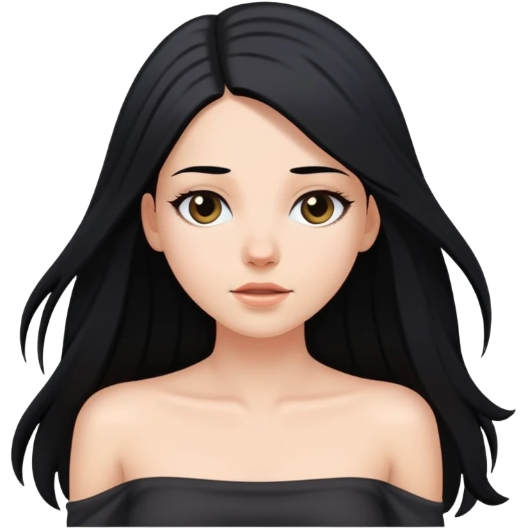 White girl with very long straight black hair falling in front of her bare shoulders and body emoji