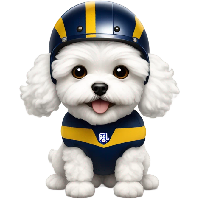 White fluffy maltipoo wearing LA Rams football helmet emoji