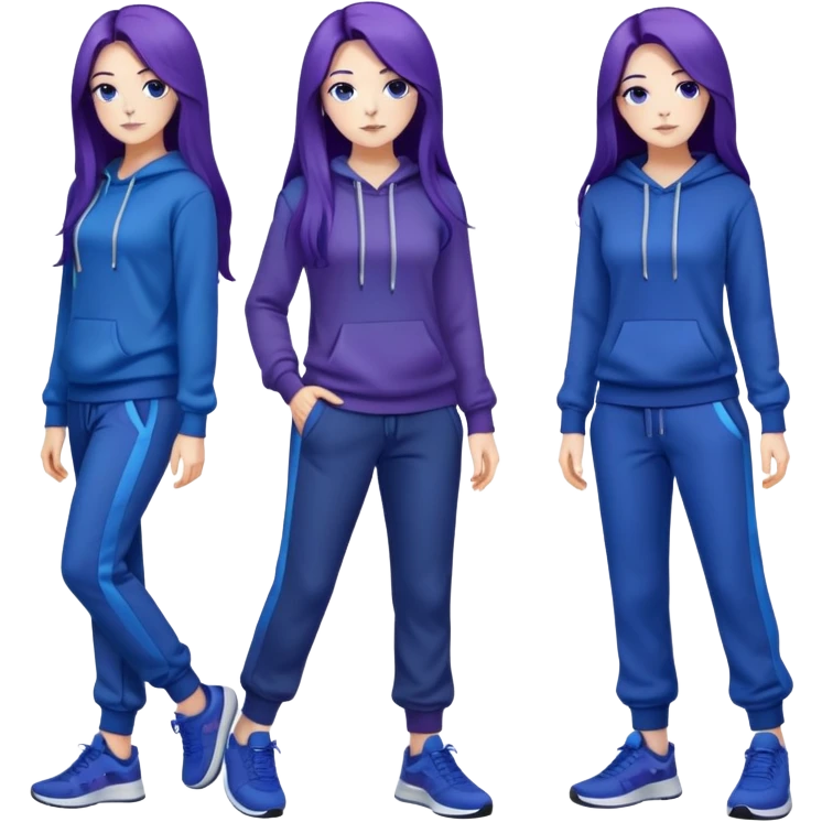 female with slim hourglass shaped body, purple long hair, wearing a blue sweater, dark blue sweatpants, and black sneakers, full body view emoji