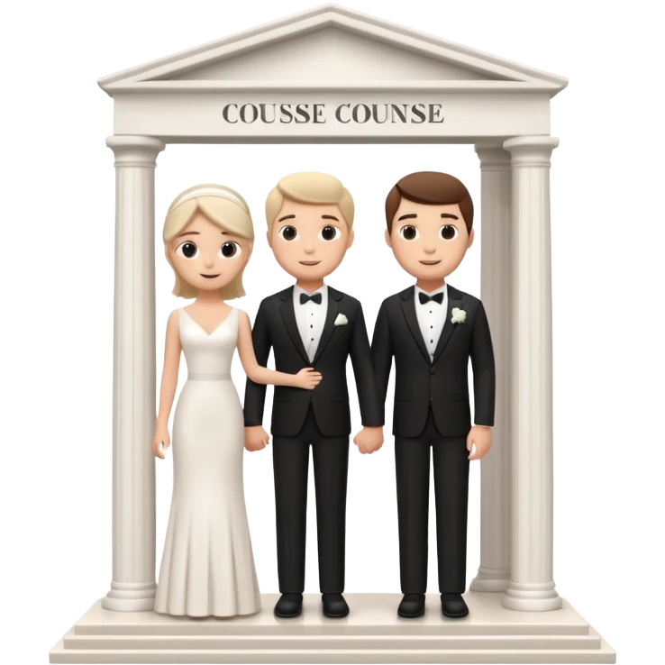 A 3D cartoon courthouse wedding venue with a bride and groom standing at the entrance, elegant white columns, soft natural lighting, simple modern decor, minimal background, realistic Memoji-style rendering. emoji