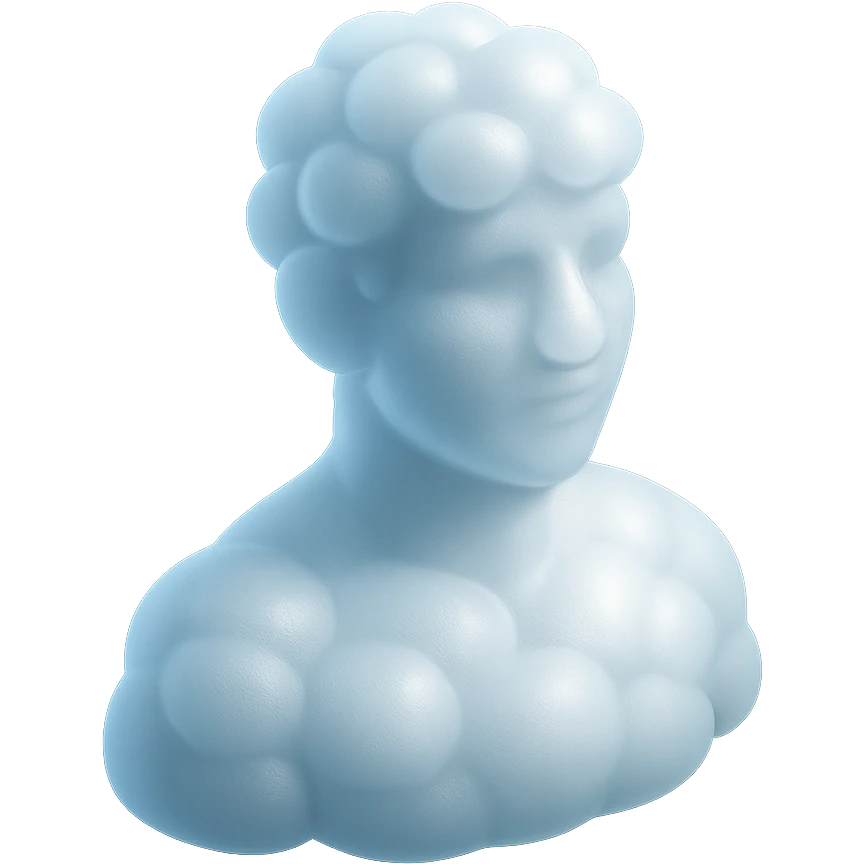 person looking straight, composed entirely of white fluffy convex clouds, shoulders up, matte glass style emoji