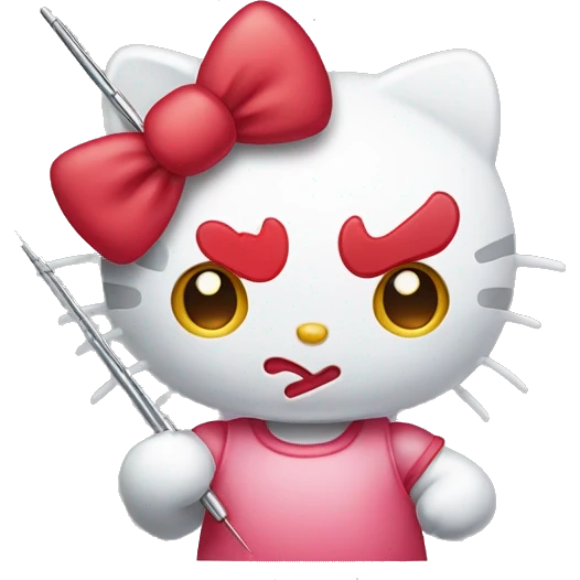 Hello kitty with red eyes holding a needle emoji