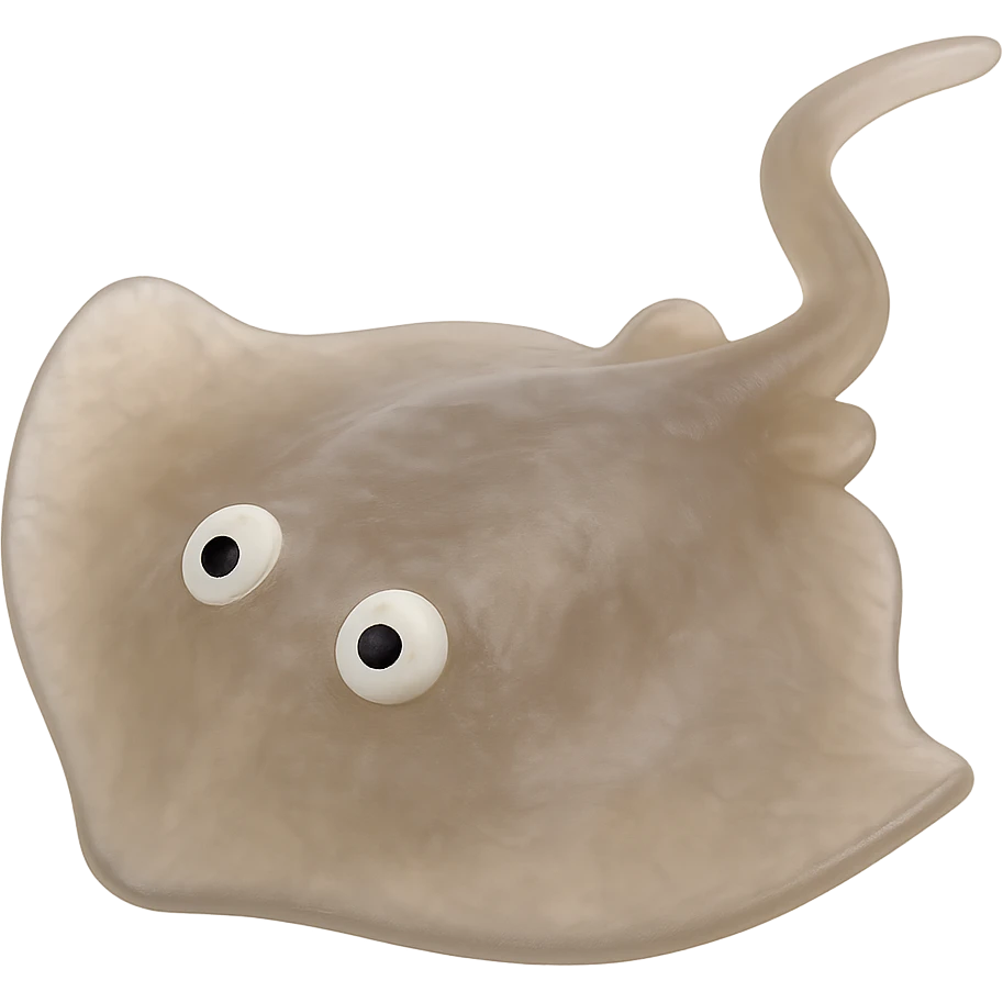 Make the stingray a natural color (e.g., gray or brown), more transparent and see-through, retro 90's toy style, derpy eyes, no tag, no background, soft plastic, soft reflections, soft and squishy, some cloudiness, not shiny, highly detailed, appealing. emoji