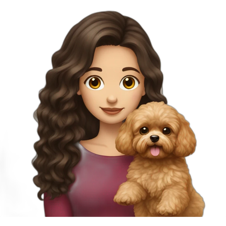 girl Ukrainian dark long  hair holding golden brown maltipoo emoji