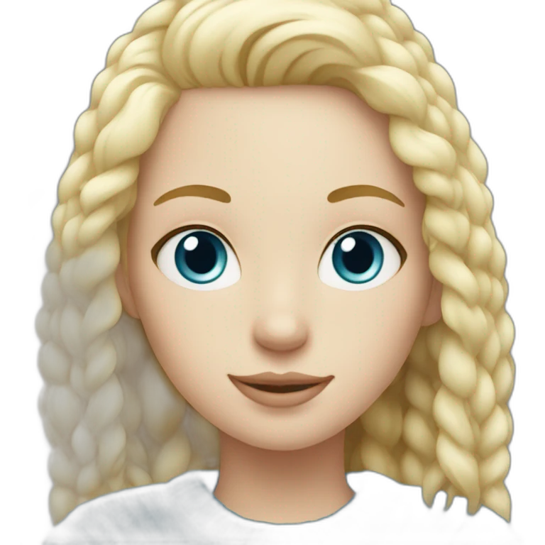 Blonde girl in blue sweater and with white cat emoji