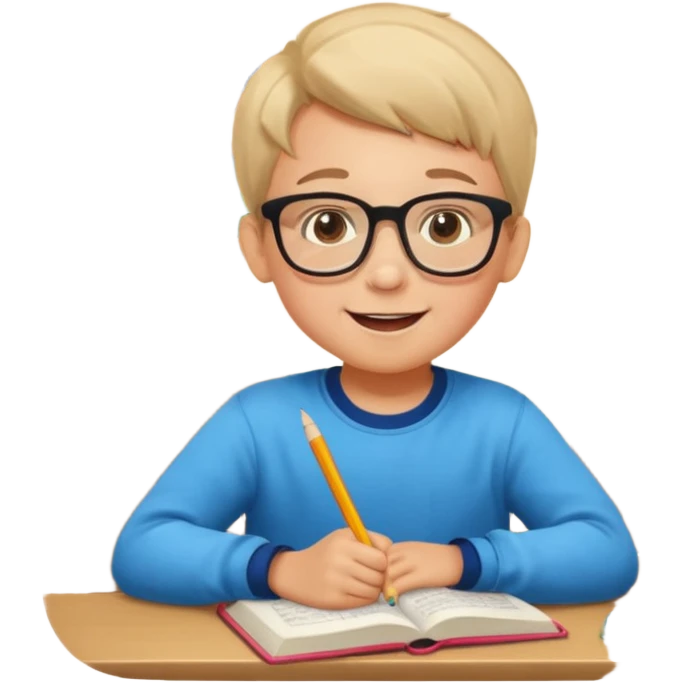 un niño de entre 3 - 10 años estudiando ingles, un destello de luz o colores más vivos para el niño que estudia en su habitacion feliz  emoji