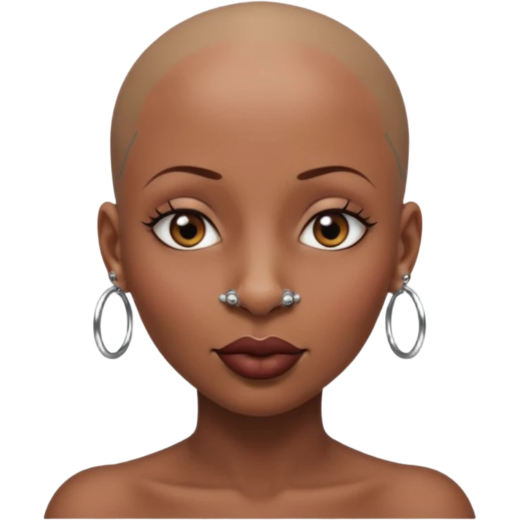 Grown black (proud) woman, bald with a perfect head, a prominent nose with a septum piercing, many piercings on her ears, a gap between her front teeth and very long nails emoji
