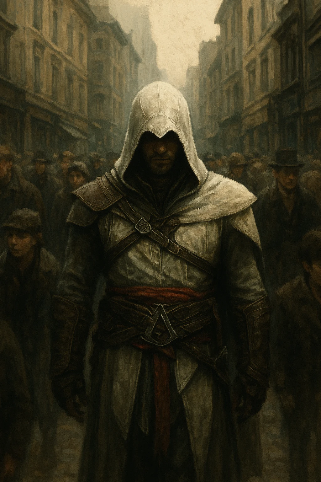 assassin's creed character blending into a crowd, mysterious, subtle, with city background emoji