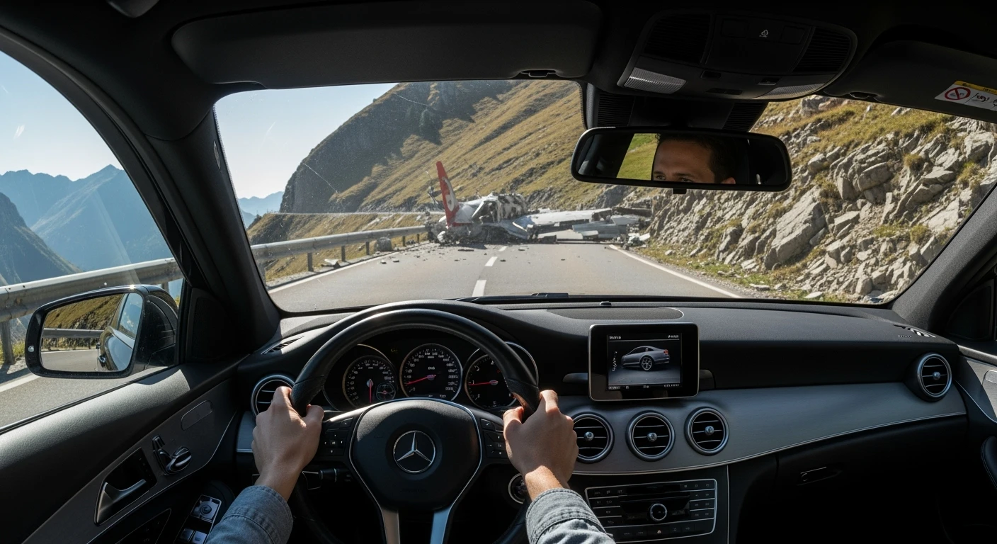 Realistic camshot pov car (hands holding mercedes car wheel) switzerland road with plane crash emoji