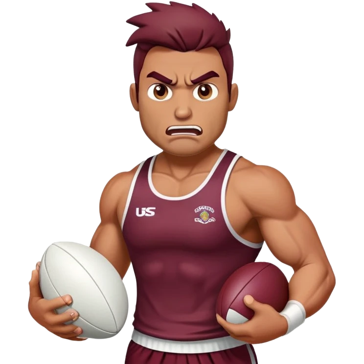 Angry bronco holding  white rugby ball wearing maroon singlet emoji