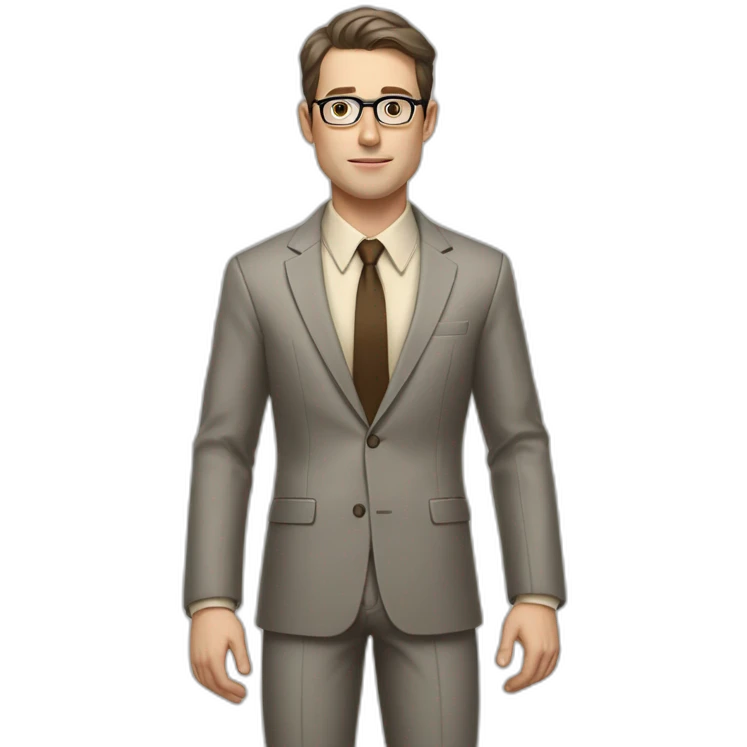 Full height Actively Gesturing Pale skinned fit man with dark brown hair in gray jacket, beige office shirt, brown tie, brown pants and vintage glasses. emoji