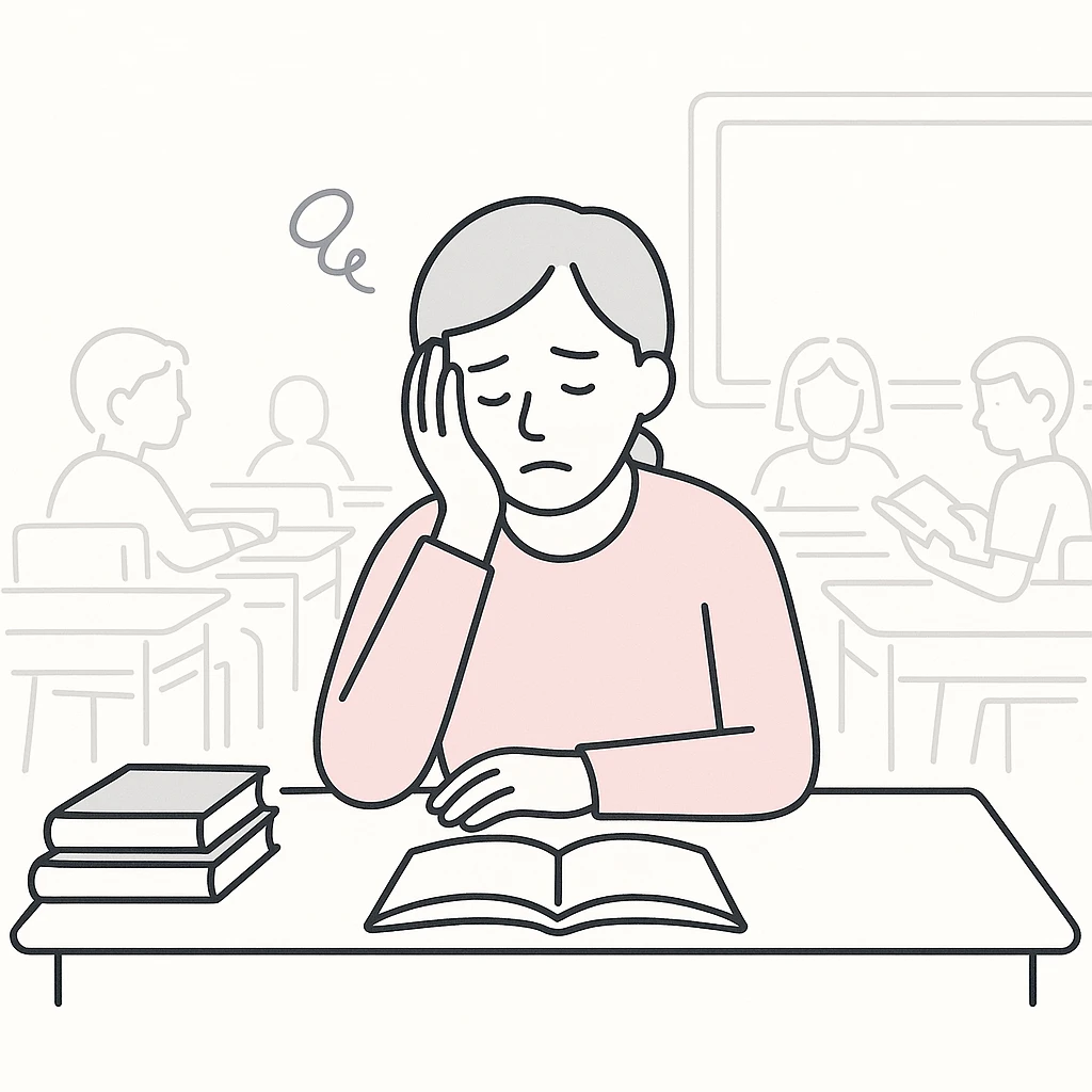exhausted teacher in a bustling classroom emoji