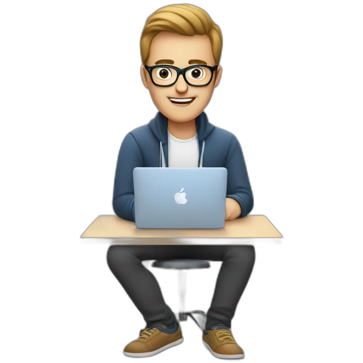 an SEO/tech guy with specs working on his macbook emoji